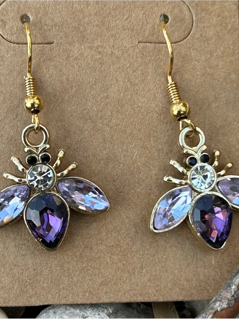 Gold Bee Drop Earrings with Purple Crystals